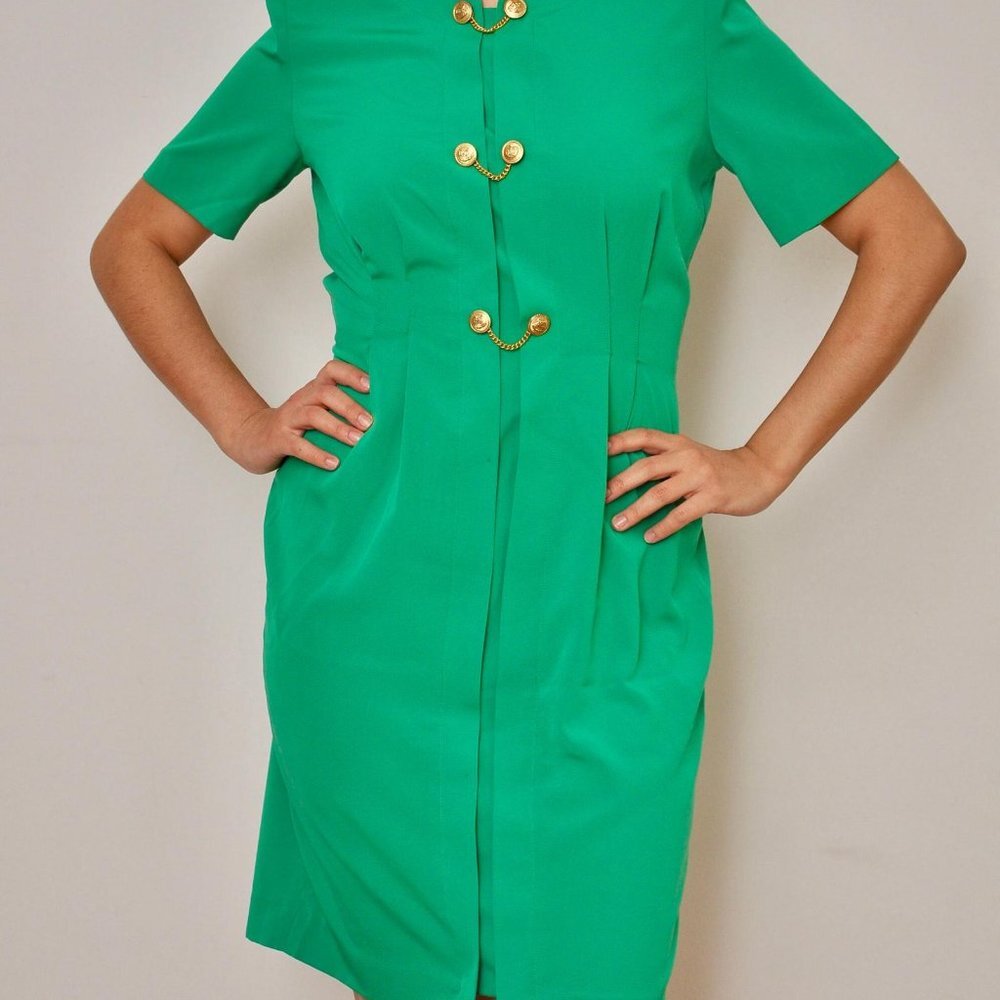 Vintage 1980s Green Military Style Bodycon Dress with Gold Buttons, Size 8 - Picture 7 of 10